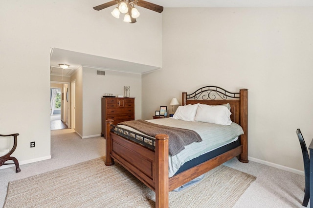1714 Waverly Cir, Saint Charles, IL 60174 - bedroom featuring attic access, carpet floors, high vaulted ceiling, and a ceiling fan