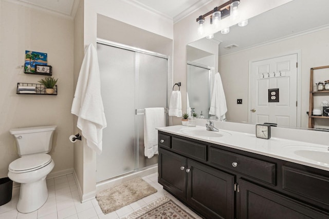 1714 Waverly Cir, Saint Charles, IL 60174 - bathroom with crown molding, double vanity, a shower stall, and tile patterned floors