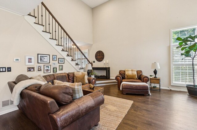 1714 Waverly Cir, Saint Charles, IL 60174 - living room with dark wood-style flooring, stairs, and a high ceiling