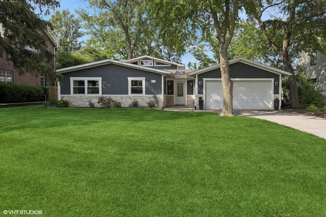 621 W 56th St, Hinsdale, IL 60521 - view of front facade with an attached garage, a front lawn, stone siding, and concrete driveway