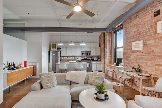 1322 S Wabash Ave Unit 407, Chicago, IL 60605 - living room featuring dark wood-style flooring, a ceiling fan, and brick wall