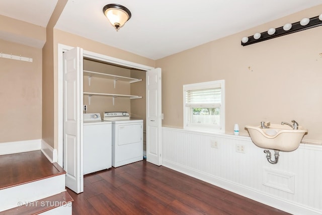 429 W Pierce St, Elburn, IL 60119 - laundry area with dark wood-type flooring, separate washer and dryer, and a wainscoted wall