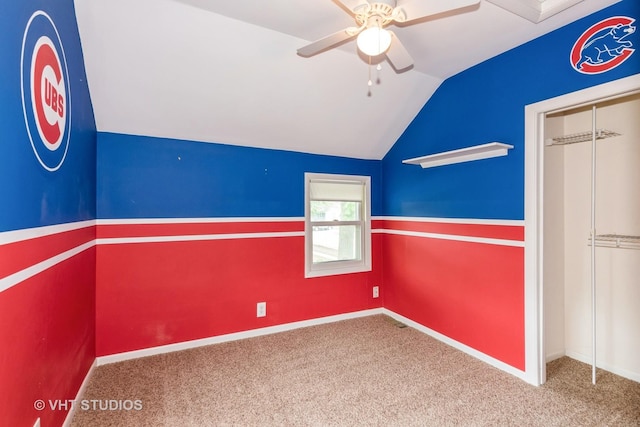 429 W Pierce St, Elburn, IL 60119 - unfurnished bedroom featuring lofted ceiling, carpet flooring, a closet, and a ceiling fan