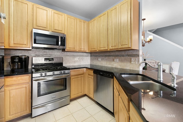 1259 W Lake St Unit 304, Addison, IL 60101 - kitchen featuring stainless steel appliances, light brown cabinets, light tile patterned floors, and backsplash