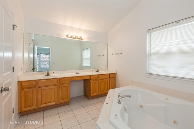 1110 Oakhill Dr, Aurora, IL 60502 - full bath featuring double vanity, a whirlpool tub, lofted ceiling, and tile patterned flooring