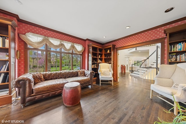 440 Woodside Ave, Hinsdale, IL 60521 - sitting room featuring ornamental molding, wallpapered walls, stairway, and wood finished floors