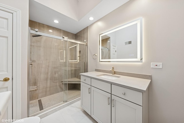 440 Woodside Ave, Hinsdale, IL 60521 - bathroom with a stall shower, vanity, and recessed lighting