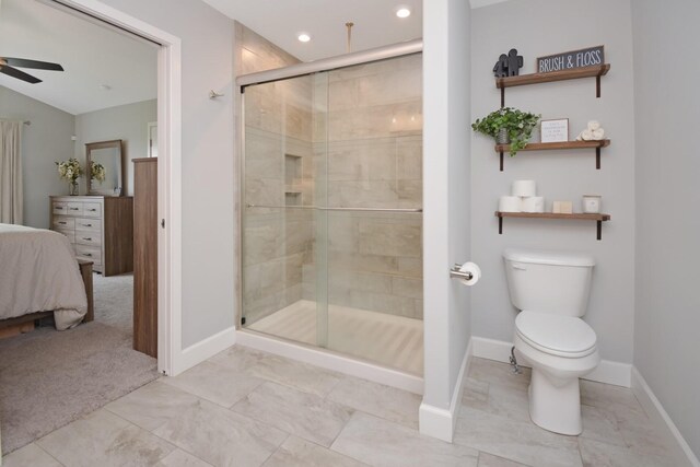 1104 Hershey Rd, Normal, IL 61761 - full bath featuring ceiling fan, a stall shower, recessed lighting, and marble finish floors