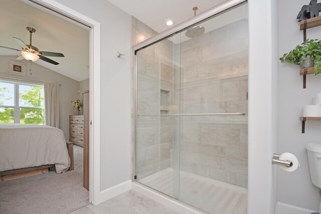 1104 Hershey Rd, Normal, IL 61761 - ensuite bathroom with a shower stall, a ceiling fan, and vaulted ceiling