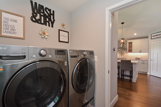1104 Hershey Rd, Normal, IL 61761 - laundry area with washing machine and clothes dryer, dark wood-type flooring, and recessed lighting