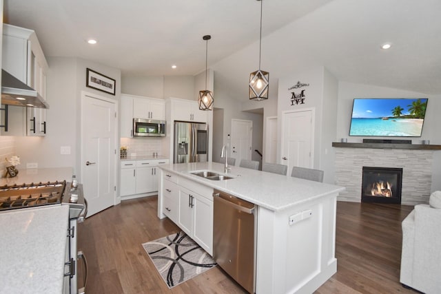 1104 Hershey Rd, Normal, IL 61761 - kitchen featuring appliances with stainless steel finishes, wall chimney range hood, lofted ceiling, tasteful backsplash, and dark wood-style flooring