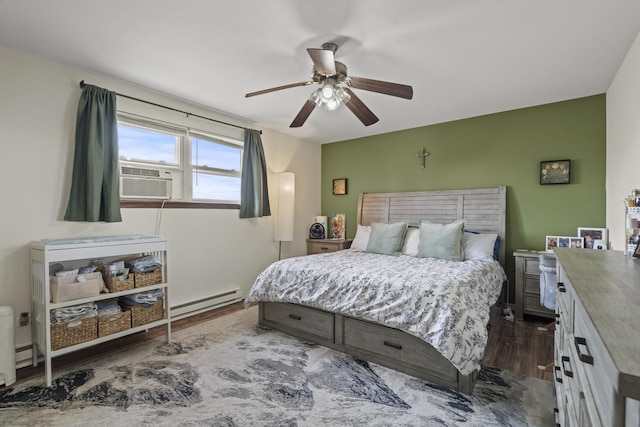 7250 W 84th St Unit C, Bridgeview, IL 60455 - bedroom featuring a baseboard heating unit, dark wood finished floors, cooling unit, and a ceiling fan