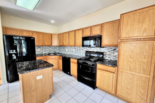 6 Clara Ct, Algonquin, IL 60102 - kitchen featuring black appliances, a kitchen island, backsplash, light tile patterned flooring, and a sink