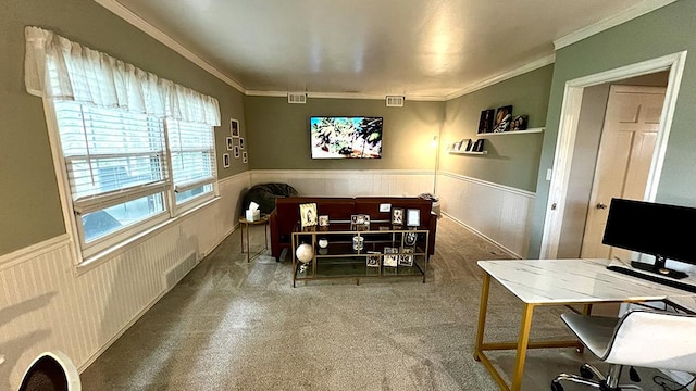 644 Genesee Ave, Morrison, IL 61270 - dining area with a wainscoted wall, crown molding, carpet flooring, and an office area