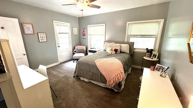 644 Genesee Ave, Morrison, IL 61270 - bedroom featuring dark carpet, multiple windows, and ceiling fan