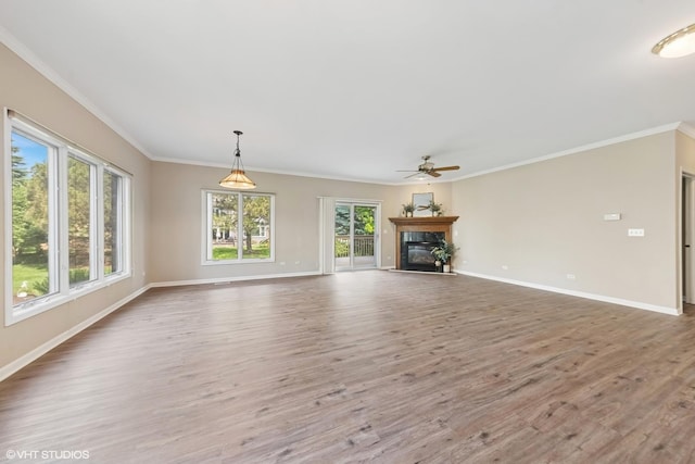 122 Santa Fe Ln, Willow Springs, IL 60480 - unfurnished living room with ceiling fan, wood finished floors, a high end fireplace, and crown molding