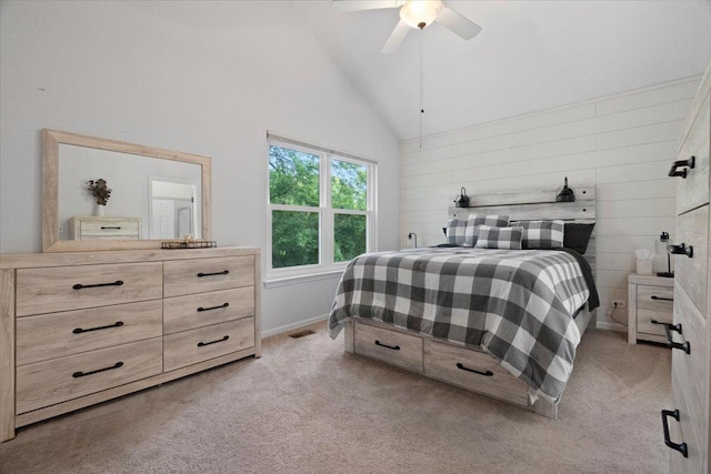 232 Lexington Ct, Grayslake, IL 60030 - bedroom featuring light carpet, high vaulted ceiling, and a ceiling fan