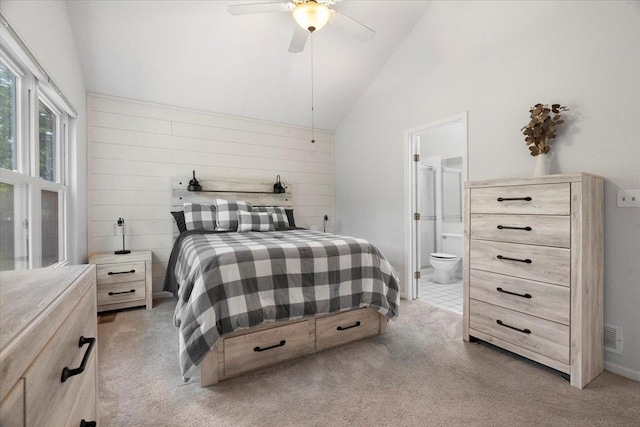 232 Lexington Ct, Grayslake, IL 60030 - bedroom with light colored carpet, ensuite bath, ceiling fan, and high vaulted ceiling