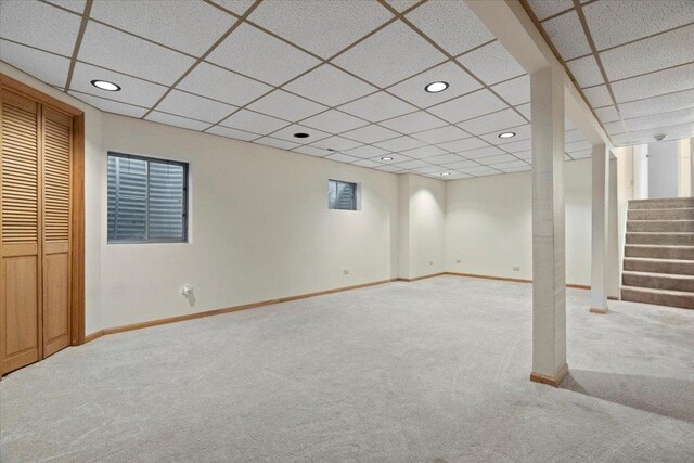 232 Lexington Ct, Grayslake, IL 60030 - finished below grade area with carpet flooring, stairway, recessed lighting, and a paneled ceiling