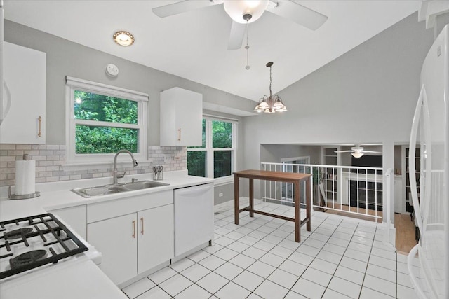 232 Lexington Ct, Grayslake, IL 60030 - kitchen with ceiling fan, white appliances, tasteful backsplash, light countertops, and white cabinetry