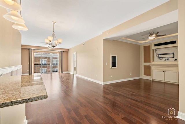 435 W Wood St Unit 410A, Palatine, IL 60067 - unfurnished living room with dark wood finished floors, a chandelier, and baseboards