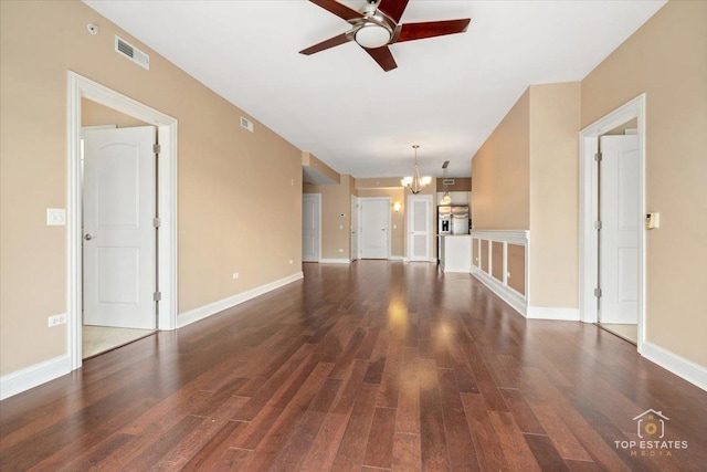 435 W Wood St Unit 410A, Palatine, IL 60067 - unfurnished living room featuring ceiling fan, dark wood-type flooring, a chandelier, and baseboards
