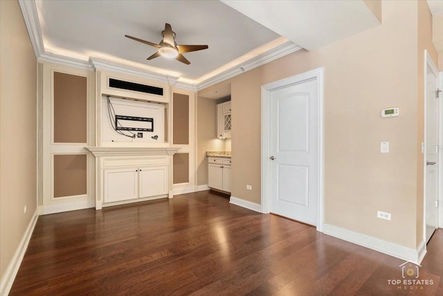435 W Wood St Unit 410A, Palatine, IL 60067 - unfurnished living room featuring dark wood finished floors, a ceiling fan, baseboards, and ornamental molding