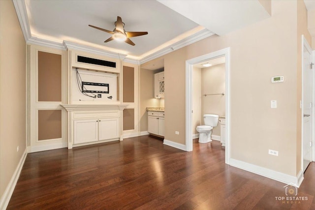 435 W Wood St Unit 410A, Palatine, IL 60067 - unfurnished living room with ceiling fan, dark wood-style flooring, baseboards, and ornamental molding