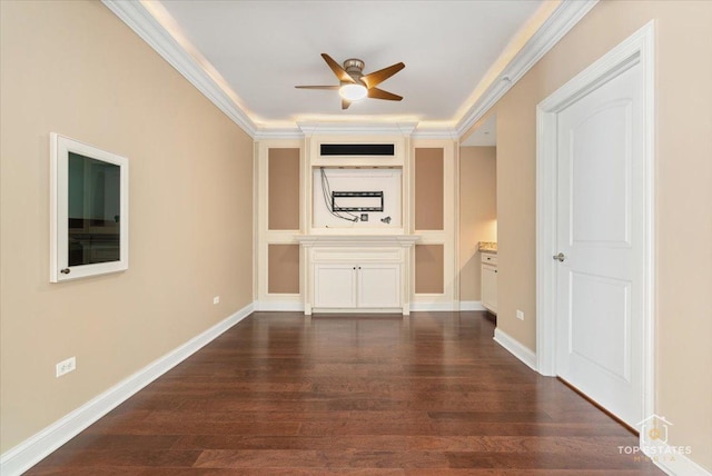 435 W Wood St Unit 410A, Palatine, IL 60067 - unfurnished living room featuring dark wood-style flooring, a ceiling fan, ornamental molding, and baseboards