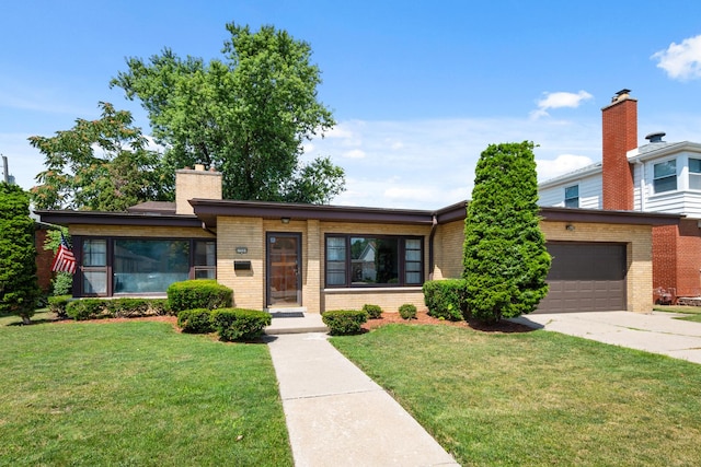 11530 S Campbell Ave, Chicago, IL 60655 - view of front of house featuring brick siding, a front lawn, driveway, a garage, and a chimney