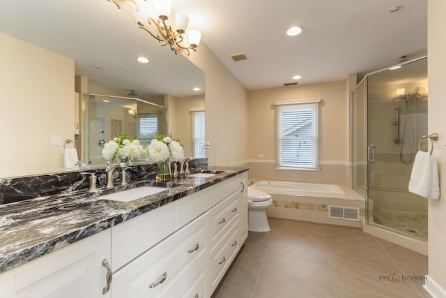 2965 Keystone Rd, Northbrook, IL 60062 - bathroom featuring a stall shower, double vanity, a garden tub, tile patterned floors, and recessed lighting