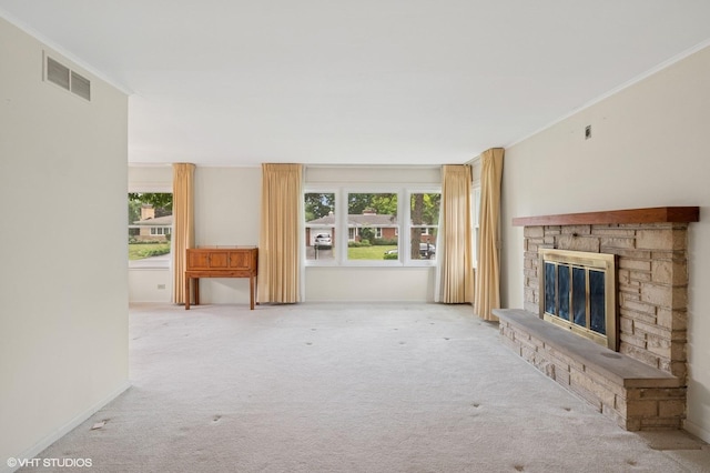 1410 Plymouth Ln, Glenview, IL 60025 - unfurnished living room featuring carpet flooring, a fireplace, and crown molding