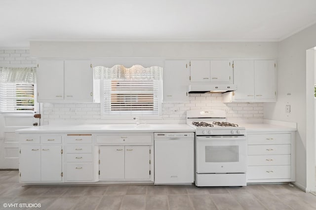 1410 Plymouth Ln, Glenview, IL 60025 - kitchen featuring white appliances, extractor fan, tasteful backsplash, white cabinetry, and light countertops