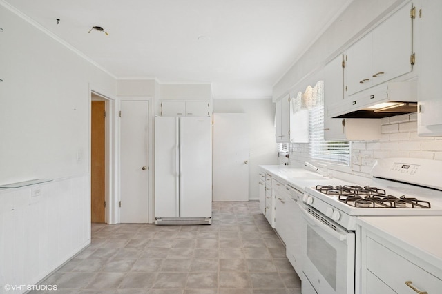 1410 Plymouth Ln, Glenview, IL 60025 - kitchen featuring white appliances, under cabinet range hood, tasteful backsplash, and white cabinetry