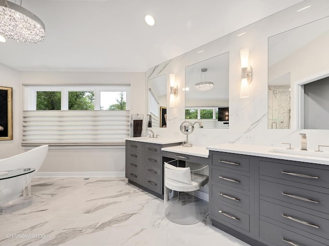 28W535 Purnell Rd, West Chicago, IL 60185 - bathroom with vanity, marble finish floors, recessed lighting, a soaking tub, and a shower