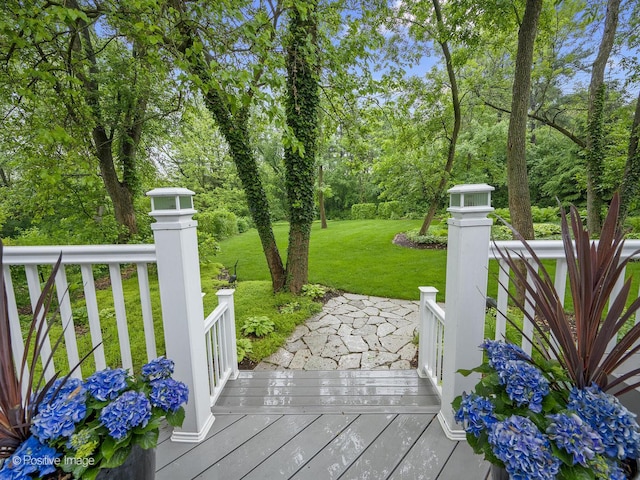 28W535 Purnell Rd, West Chicago, IL 60185 - wooden terrace featuring a lawn and view of scattered trees