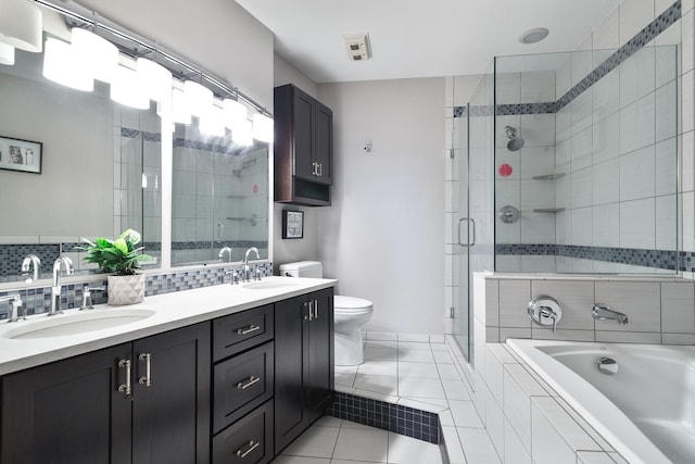 910 S Michigan Ave Unit 1411, Chicago, IL 60605 - full bath with a shower stall, double vanity, a bath, tile patterned flooring, and backsplash