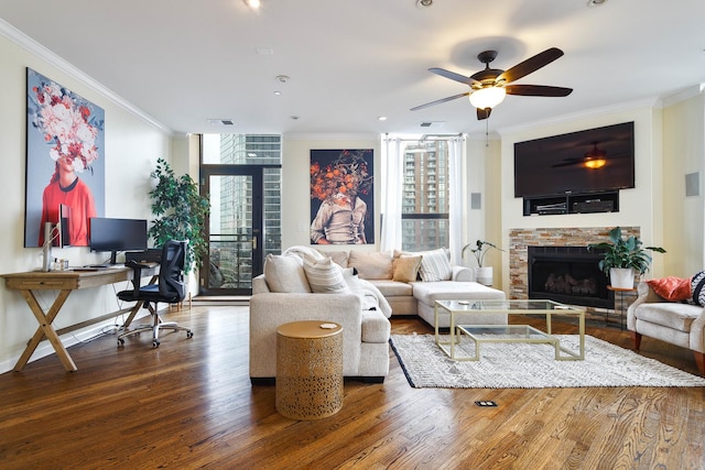 910 S Michigan Ave Unit 1411, Chicago, IL 60605 - living area featuring ornamental molding, an office area, dark wood-style floors, a fireplace, and ceiling fan