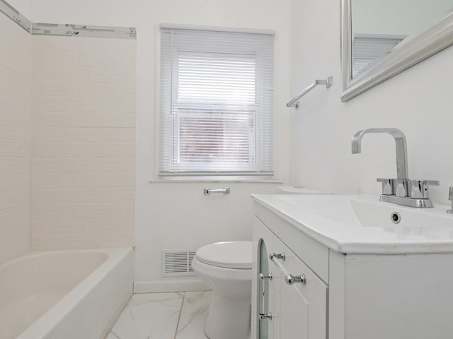 142 W Brayton St, Chicago, IL 60628 - full bath featuring marble finish floors, toilet, vanity,  shower combination, and baseboards