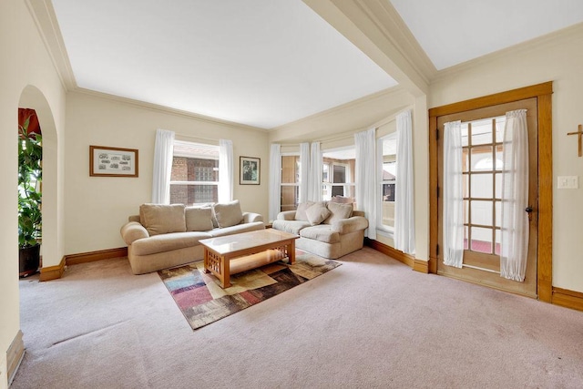 3235 Cuyler Ave, Berwyn, IL 60402 - living room featuring crown molding, carpet, and arched walkways