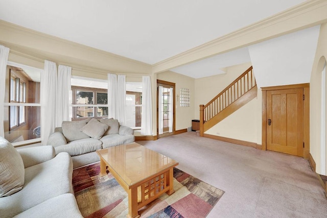 3235 Cuyler Ave, Berwyn, IL 60402 - living area featuring stairway, light carpet, ornamental molding, and arched walkways