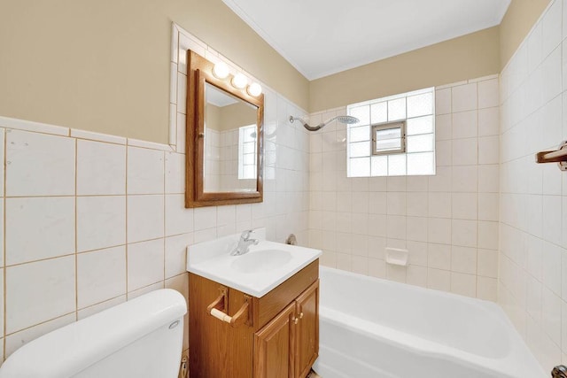 3235 Cuyler Ave, Berwyn, IL 60402 - bathroom with vanity, tile walls, bathing tub / shower combination, and ornamental molding