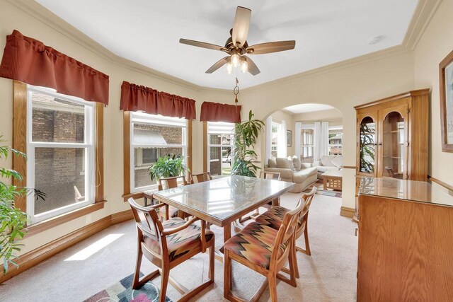 3235 Cuyler Ave, Berwyn, IL 60402 - dining space with light colored carpet, arched walkways, healthy amount of natural light, ornamental molding, and ceiling fan