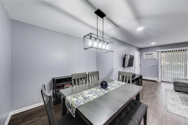 2131 N Harlem Ave Unit 231, Chicago, IL 60707 - dining area with a baseboard radiator, an AC wall unit, recessed lighting, wood finished floors, and baseboards