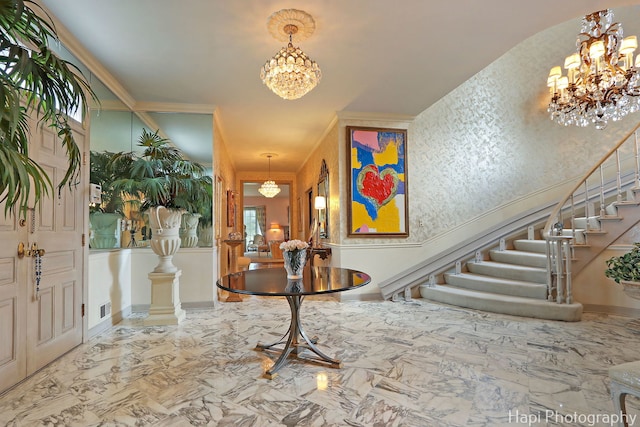 7 3 Lakes Rd, Barrington Hills, IL 60010 - foyer entrance with a chandelier and stairway
