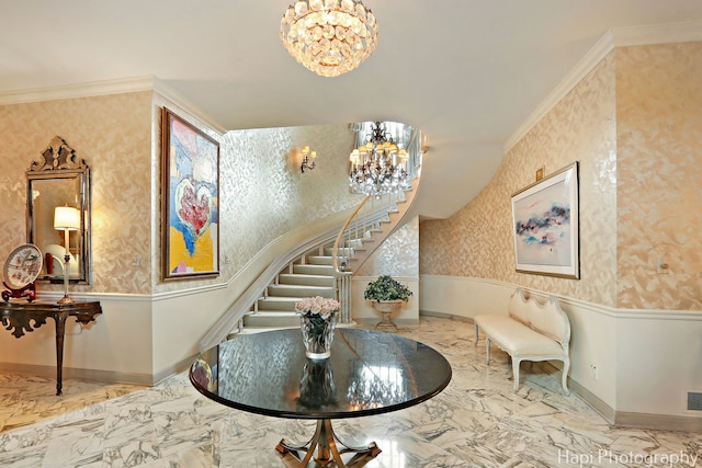 7 3 Lakes Rd, Barrington Hills, IL 60010 - foyer with a chandelier, wallpapered walls, stairway, marble tiled floors, and a wainscoted wall