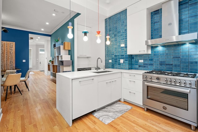 2113 N Clark St, Chicago, IL 60614 - kitchen with stainless steel stove, wall chimney range hood, a sink, ornamental molding, and decorative backsplash