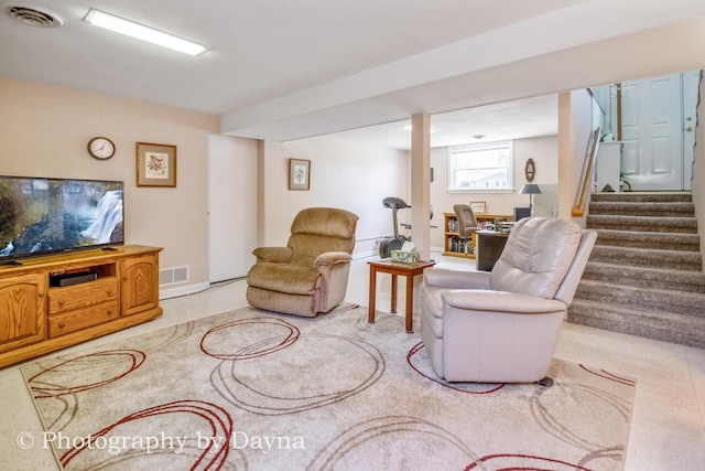 527 Edwin Dr, Bourbonnais, IL 60914 - living room with light carpet, stairs, and a desk