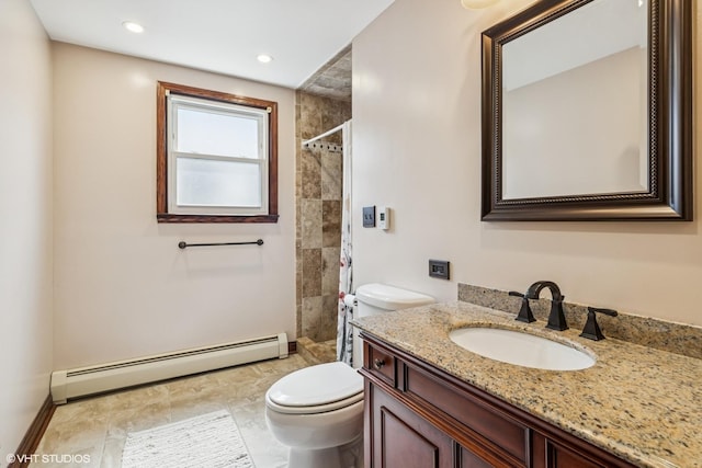 7229 W Lunt Ave, Chicago, IL 60631 - full bath with a baseboard heating unit, vanity, a tile shower, and recessed lighting