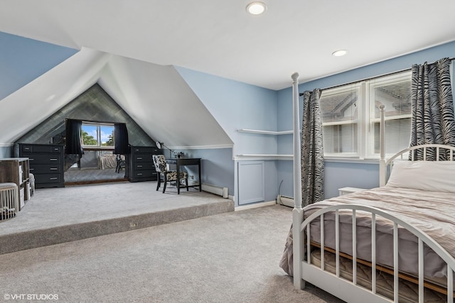 7229 W Lunt Ave, Chicago, IL 60631 - bedroom featuring carpet floors, baseboard heating, recessed lighting, and lofted ceiling